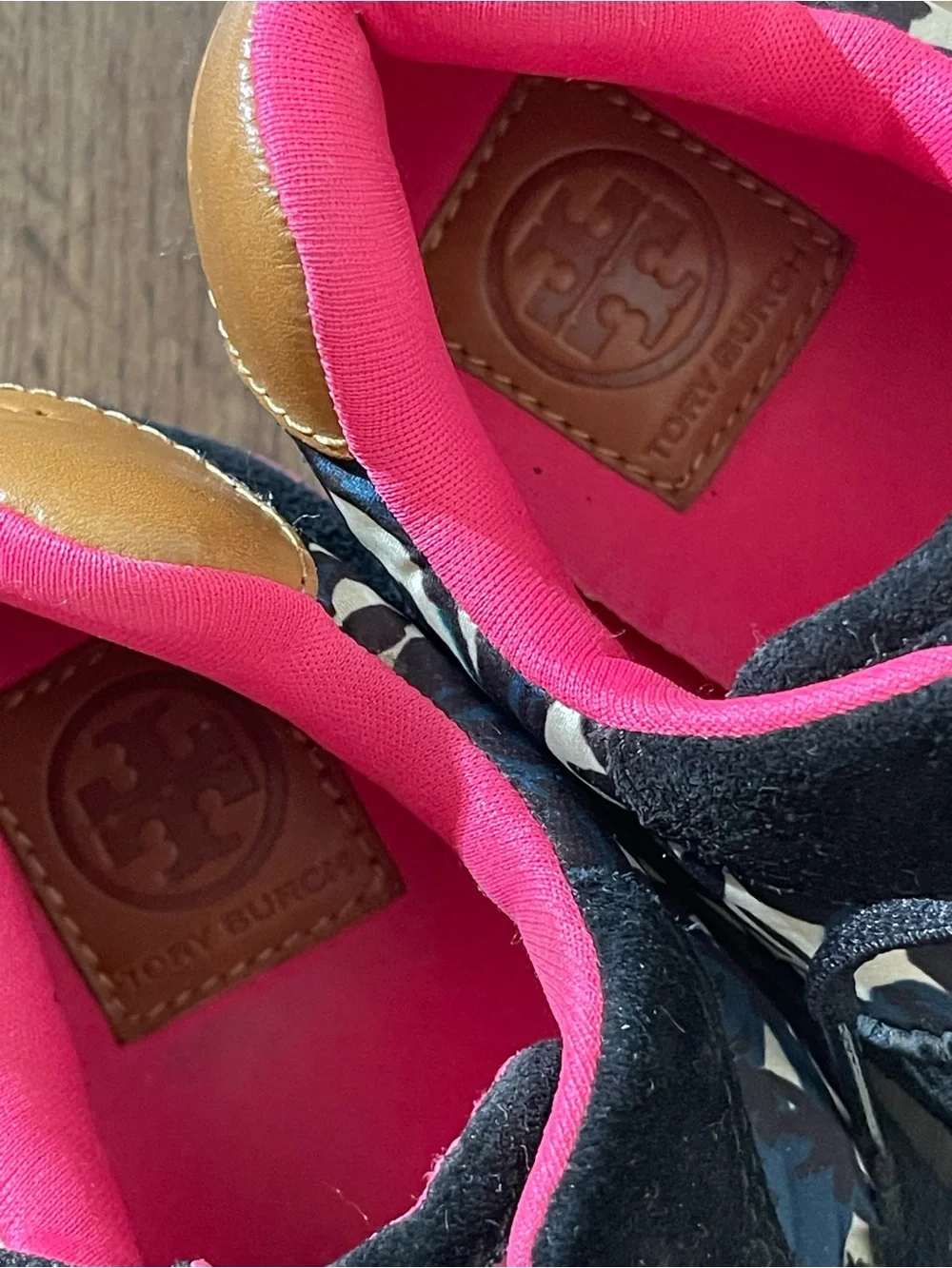 Tory Burch Black Floral Sneakers with Hot Pink Accents